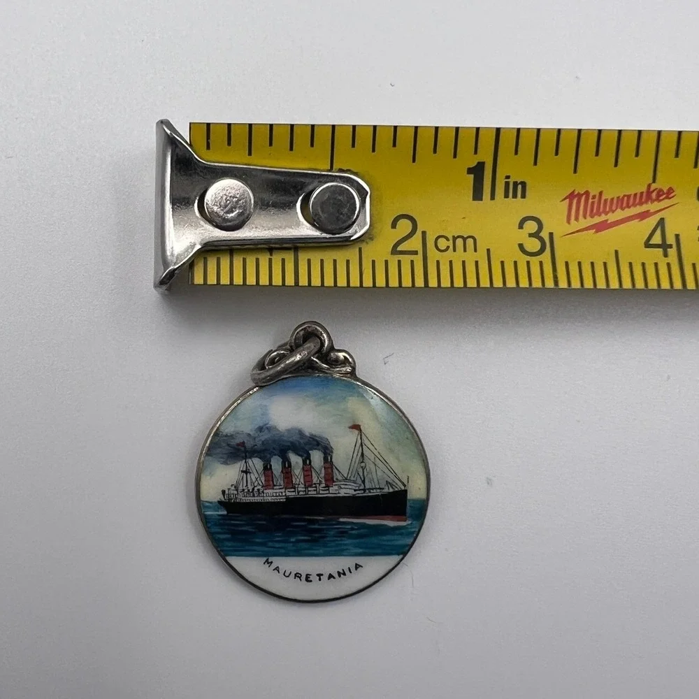 RO RMS Mauretania Charm Unisex OS Silver Excellent Antique Enamel 1910 Sterling
